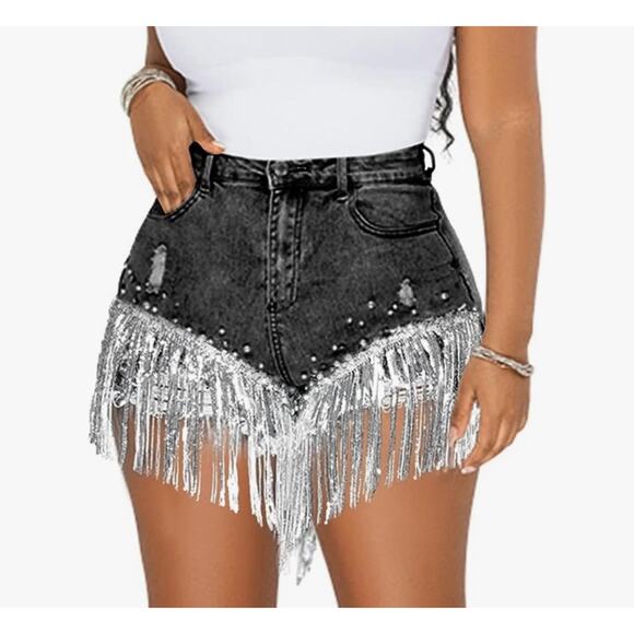 Black Stonewash Sequin Fringe Rhinestone Pearl Beads Shorts Sz XXL Stretch Denim - Picture 6 of 12